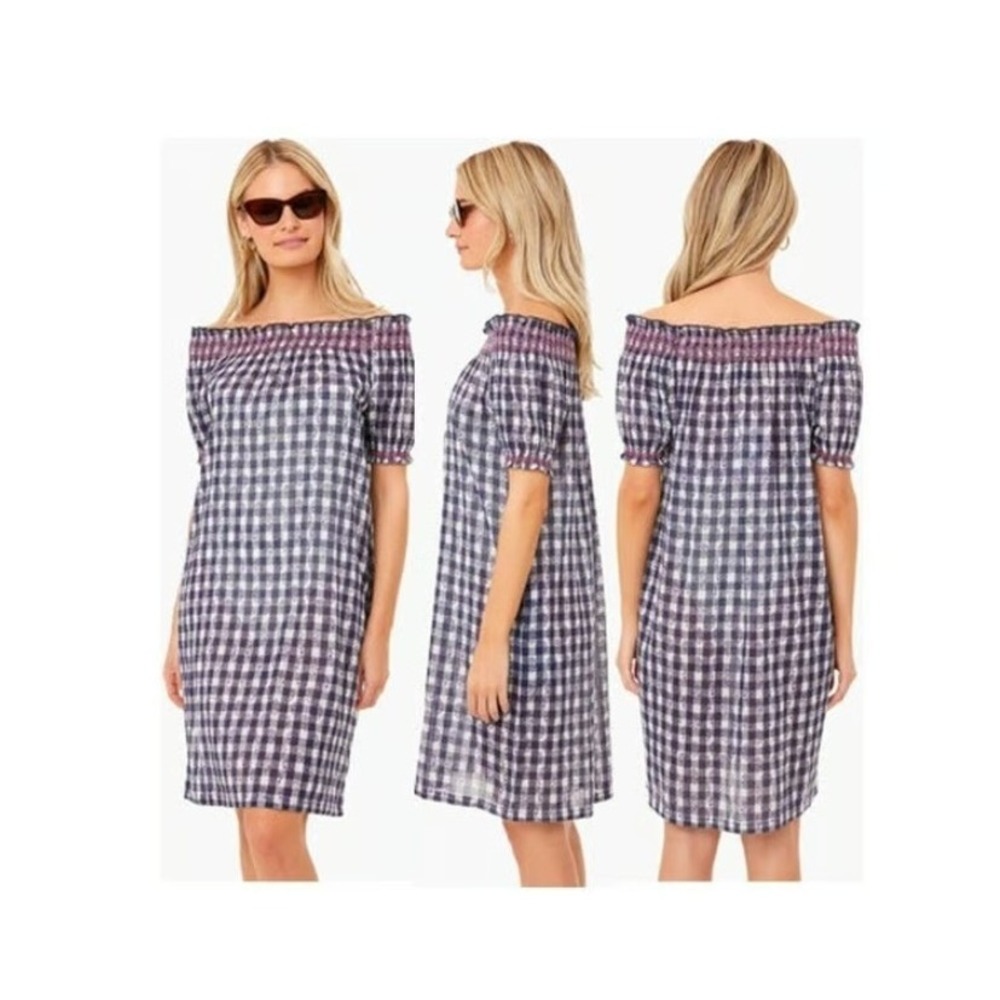 Tuckernuck Beach Toulon Coverup Navy Gingham Embroidered Off The Shoulder NWT XS